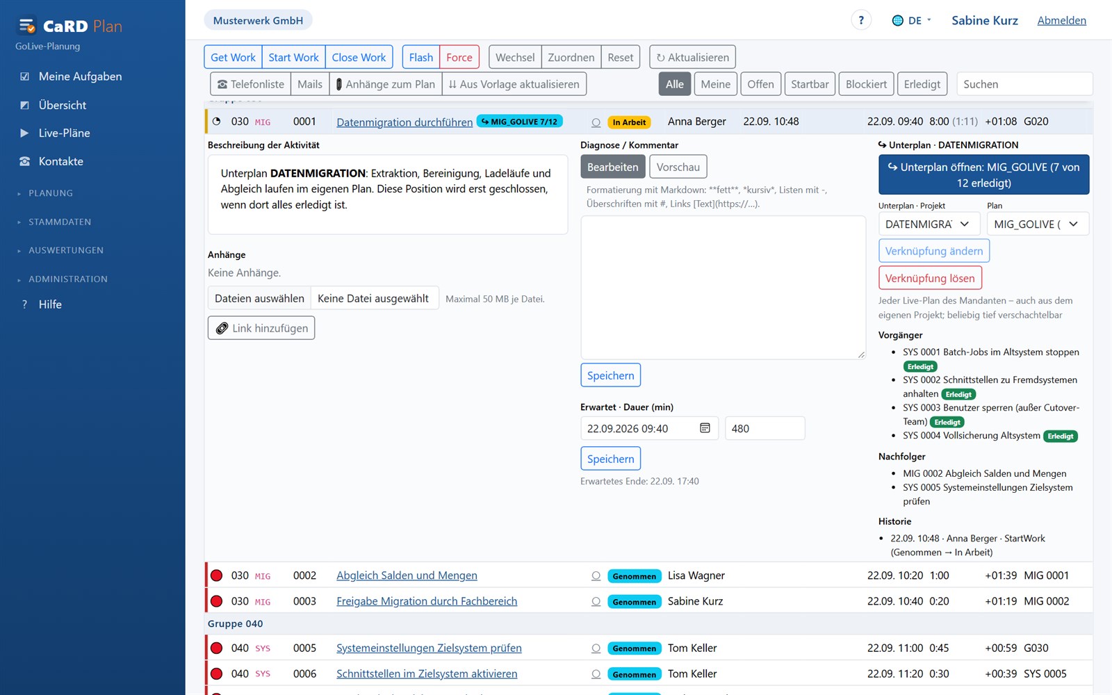 Details einer Position im Live-Board: Anleitung, Diagnose, Unterplan, Vorgänger und Historie