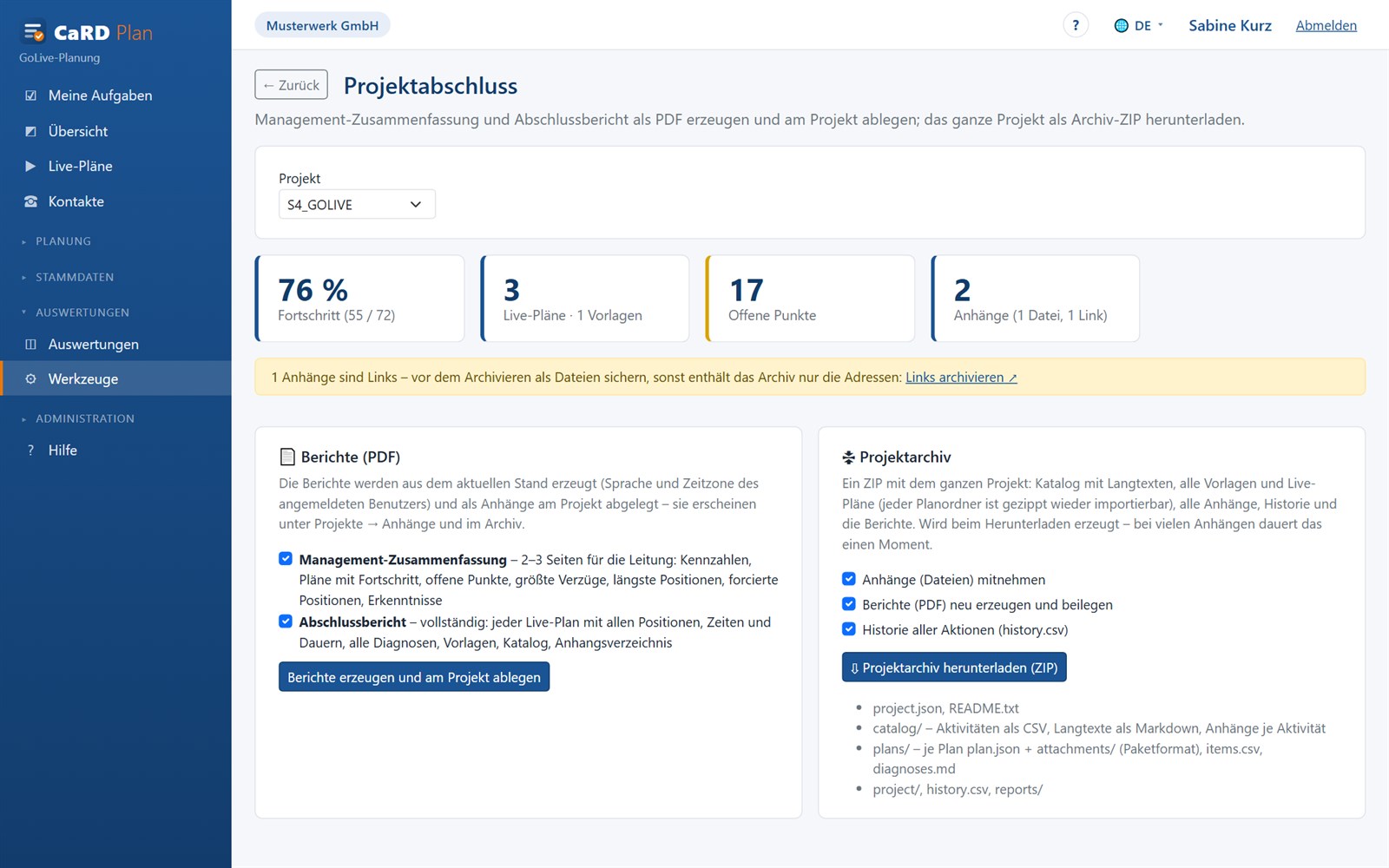 Werkzeug Projektabschluss: Berichte erzeugen und Projektarchiv herunterladen