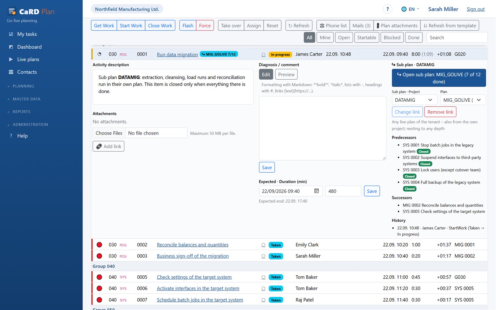 Details of an item in the live board: instructions, diagnosis, sub plan, predecessors and history