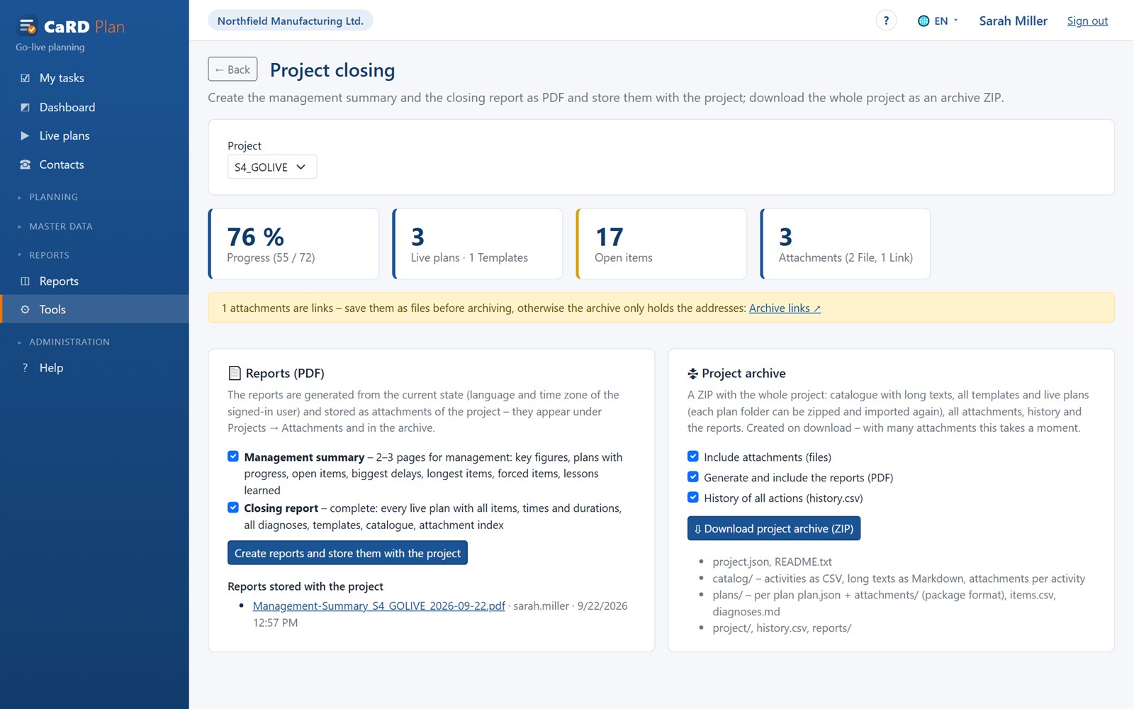 Project closing tool: create reports and download the project archive