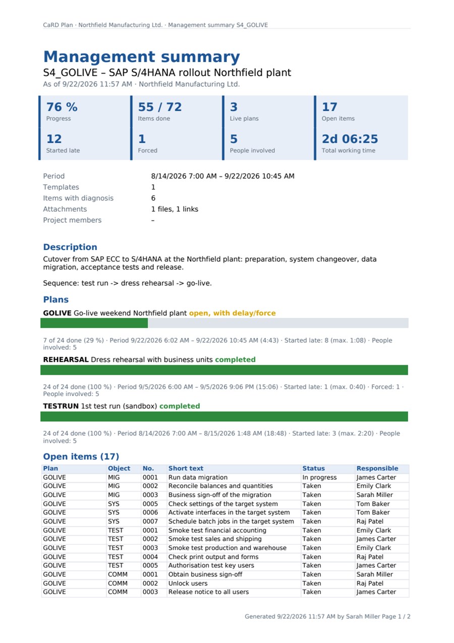Management summary as PDF: key figures, plans with progress bars, open items