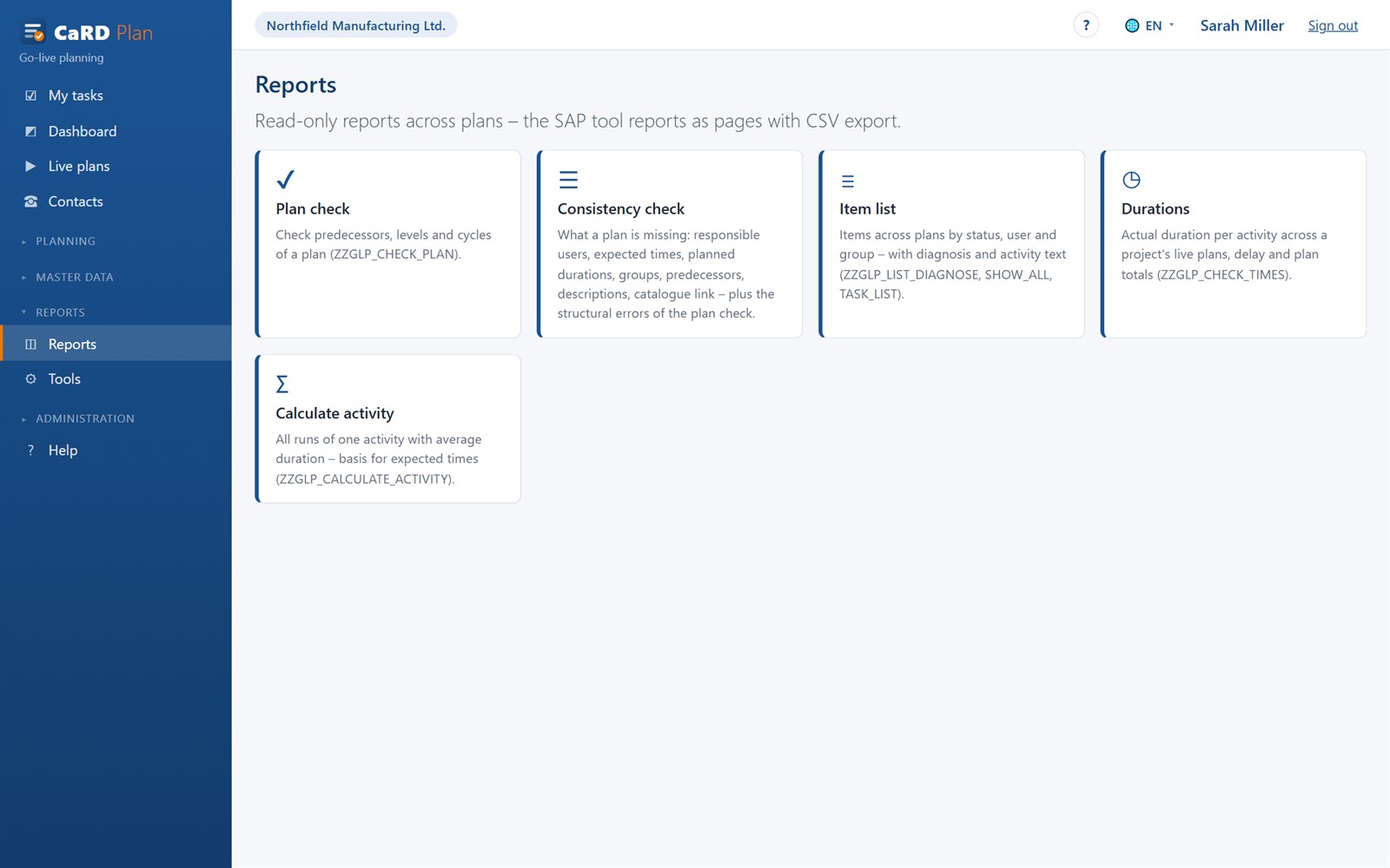 Informes en CaRD Plan: comprobación del plan, comprobación de coherencia, lista de posiciones, duraciones y cálculo de actividades