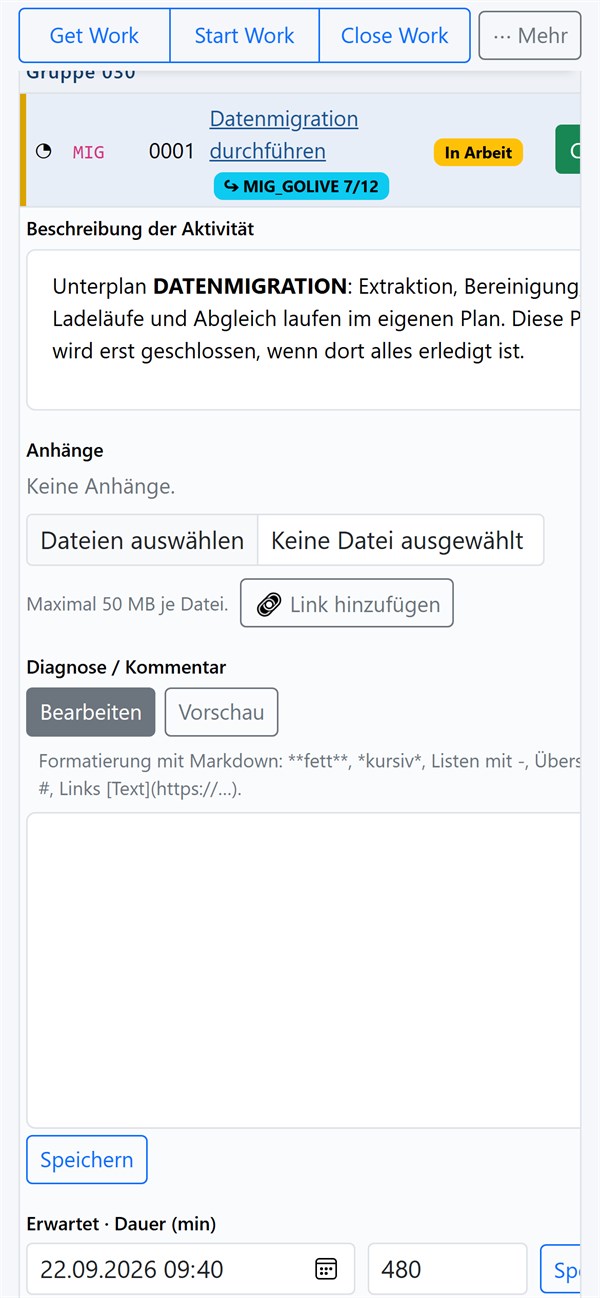 Details einer Position auf dem Handy mit Anleitung und Rückmeldung