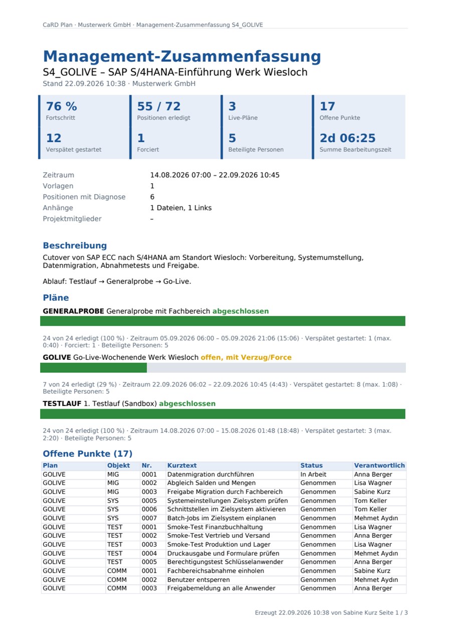 Management-Zusammenfassung als PDF: Kennzahlen, Pläne mit Fortschrittsbalken, offene Punkte